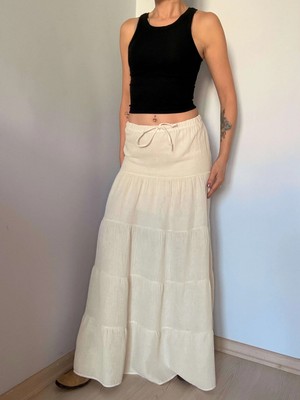 Krem Önü Bağlamalı Müslin Etek