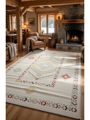 Kilim Home Krem Zeminli Etnik Geometrik Desenli Modern Kilim Pastel Renkli Dekoratif Salon Halısı