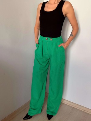 Yeşil Çift Pileli Keten Pantolon