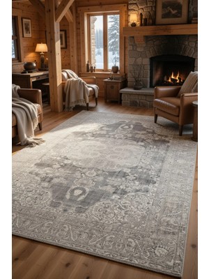 Kilim Home Gri Bej Vintage Eskitme Desenli Klasik Salon Halısı– Soft Tonlu Madalyonlu Dekoratif Halı