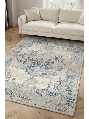 Kilim Home Mavi Bej Vintage Eskitme Desenli Klasik Salon Halısı – Modern Madalyonlu Dekoratif Halı