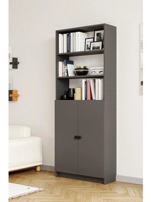 Hofga Bili Kitaplık 5 Raflı 2 Kapaklı Çok Amaçlı Ofis Salon Kitap Dosya Rafı Antrasit