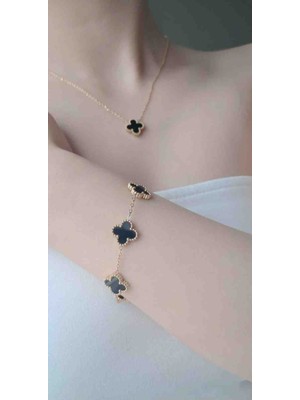 Güneş Takı Gold Siyah Yonca Kolye Bileklik Seti 2li