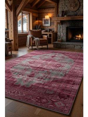 Kilim Home Bordo Gri Eskitme Görünümlü Klasik Desenli Vintage Şık Salon ve Oturma Odası Halısı