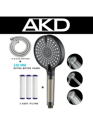 Geniş Kafalı Filtreli Duş Başlığı + 3 Yedek Filtre + 1,5 M Paslanmaz Hortum | Basınç Artırıcı, Klor ve Kireç Önleyici, Saç ve Cilt Dostu