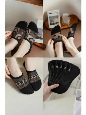 Hitit Socks Kadın 5 Çift Kalp ve Çiçek Detaylı Şeffaf Tül Babet Çorap