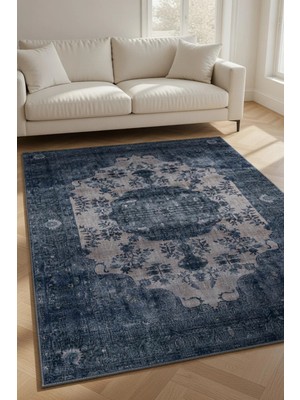 Kilim Home Lacivert Gri Eskitme Görünümlü Klasik Desenli Vintage Şık Salon ve Oturma Odası Halısı