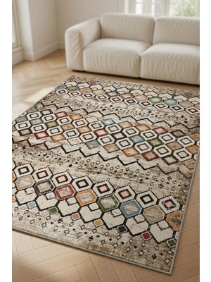 Kilim Home Bej Zeminli Renkli Baklava Desenli Etnik Modern Vintage Görünümlü Dekoratif Salon Halısı