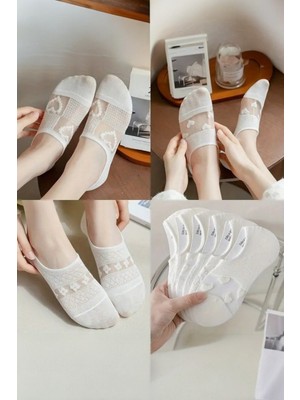 Hitit Socks Kadın 5 Çift Kalp ve Çiçek Detaylı Şeffaf Tül Babet Çorap
