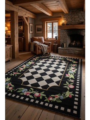 Kilim Home Siyah Beyaz Damalı Salon Halısı– Kaymaz Taban, Yıkanabilir, Çiçek Bordürlü Dekoratif Halı
