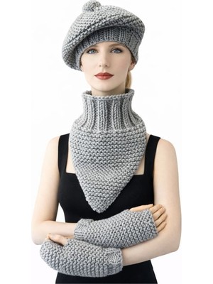 Uretti - Emine 9106 8920 El Örgüsü Kadın Bere Boyunluk Eldiven Takımı – 3’lü Kışlık Akrilik Örgü Set