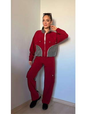 Bordo Paraşüt Kumaş Denim Detaylı Takım