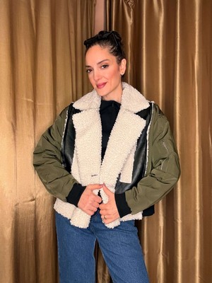 Haki Deri Peluş Detaylı Bomber Mont