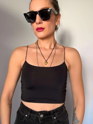 Siyah Ip Askılı Crop Atlet