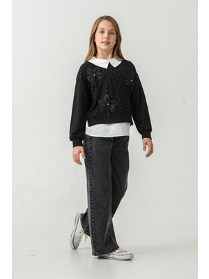 Miniğimin Cicileri (8-12 Yaş) Incili Çiçek Aplikeli Yaka Detaylı Taşlı Kız Çocuk 3 Lü Takım - Siyah