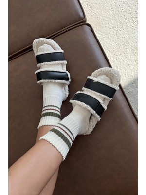 Straswans Pietro   Kadın  Tüylü  Bant Detay Düz Taban Terlik Siyah