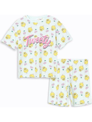Lc Waikiki Yeni Sezon Bisiklet Yaka Tweety Baskılı Kız Çocuk Şortlu Pijama Takımı