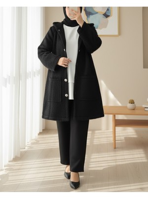 Modamorfo Kapşonlu Gold Düğmeli Cepli Sakallı Kap -Siyah