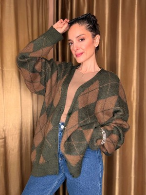 Haki Baklava Desen V Yaka Yün Hırka