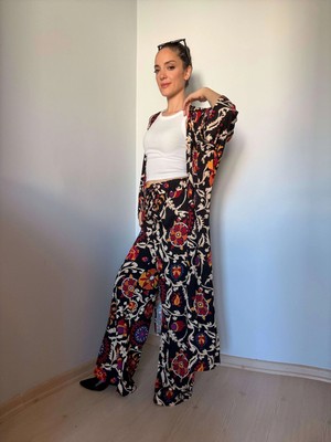 Siyah Etnik Desenli Kimono Pantolon Takım