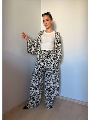 Zebra Desenli Kimono Pantolon Takım