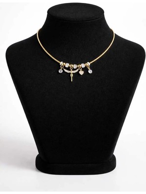 Işıltılı Melek Kanadı ve Kalp Detaylı Gold Charm Kolye