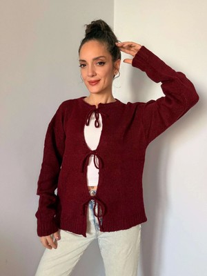 Bordo Önden Bağlamalı Triko Hırka