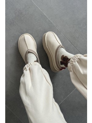 Straswans Belis Kadın Düz Taban  Cilt Deri Ev Terliği Bej