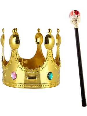 Ett Çocuk Boy Altın Renk Kral Tacı ve Kırmızı Topuzlu Kral Asası Dinç Store - 004982