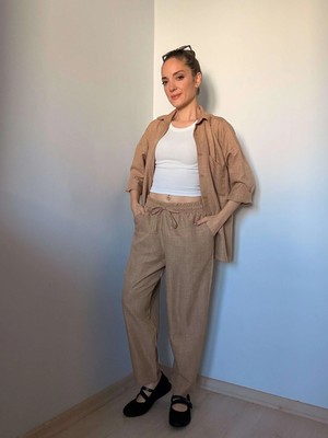 Kahverengi Keten Gömlek Pantolon Takım