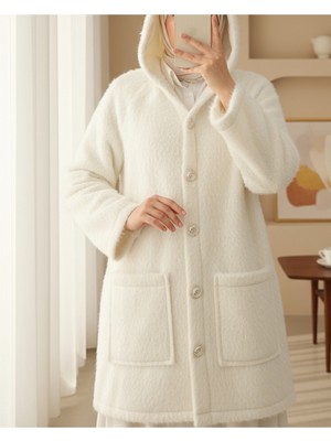 Modamorfo Kapşonlu Gold Düğmeli Cepli Sakallı Kap -Krem