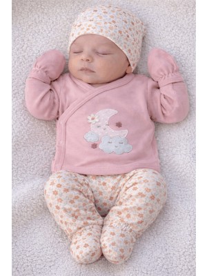 Bilge Trend Ay ve Bulut Desenli Lüks %100 Cotton 5 Parça Kız Bebek Yeni Doğan Hastane Çıkışı , Zıbın Seti Doğum Hediyesi