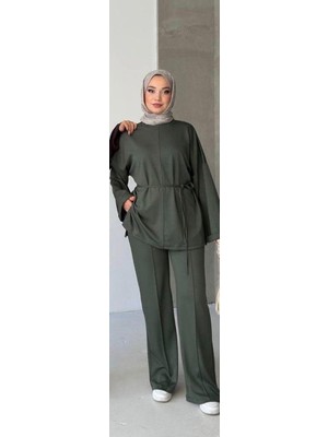 Moda Haki Oysho Kumaş Kuşaklı Ikili Takım Tesettür Kombin Rahat ve Şık Günlük Takım
