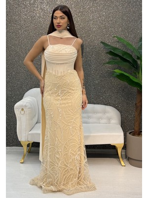 E&A Eren Abiye Ince Askılı Boncuk Islemelı Balık Elbıse