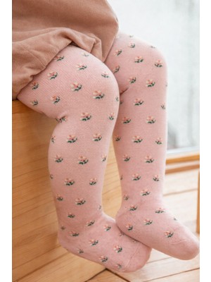 Bebek Jakarlı Çiçek Desenli Külotlu Çorap Pembe