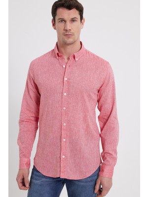 Tudors Erkek Slim Fit Dar Kesim Uzun Kollu Keten Premium Seri Düğmeli Yaka Spor Nar Rengi Gömlek
