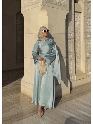 Moda Aksa Qaboos Şal Yaka Elbise Mint Yeşil