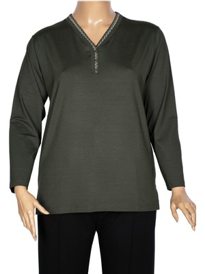 Pıtırcık Cimariva Kadın Öykü Büyük Beden V Yakası Triko Detaylı Haki Bluz