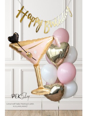 Pekshop SET243 Happy Birthday Banner ve Kadeh Balonlu Gold Pembe Yetişkin Doğum Günü Balon Seti