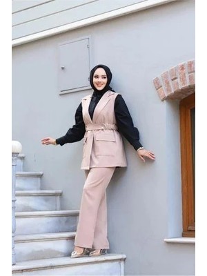 Tesettür Diyarı Kemerli Yelekli Ikili Tesettür Takım- Vizon