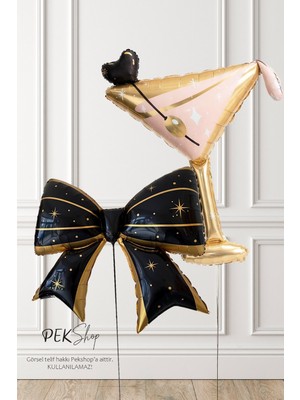 Pekshop Siyah Gold Fiyonk Balon ve Martini Kadeh Folyo Balon 2li Set
