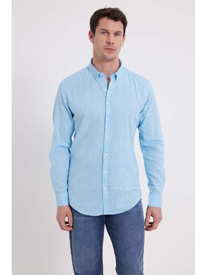 Tudors Erkek Slim Fit Dar Kesim Uzun Kollu Keten Premium Seri Düğmeli Yaka Spor Açık Mavi Gömlek