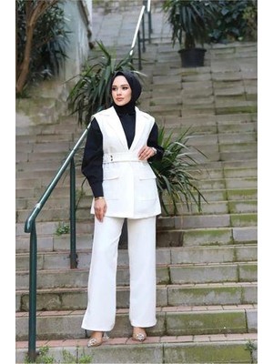 Tesettür Diyarı Kemerli Yelekli Ikili Tesettür Takım- Beyaz