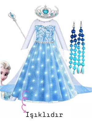 3b Kids Elsa Işıklı Elbise Kostüm + Elsa Mavi Peruk Bubble Saç Elsa Taç Asa Seti Doğum Günü Parti Düğün Davet Özel Gün