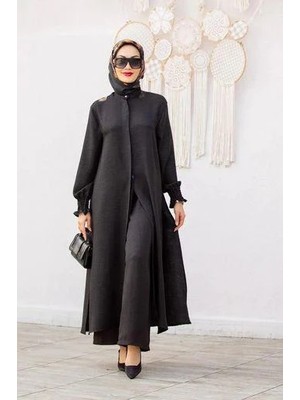 Tesettür Diyarı Keten Uzun Tunikli Pantolonlu Takım Siyah