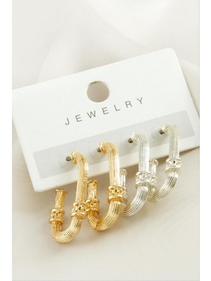 Zero Land Storozde 4 Adet Oval Halka Küpe - Gümüş Rengi