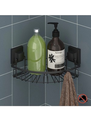 Evistro Banyo Köşe Rafı Paslanmaz Easyfix Yapışkanlı Siyah