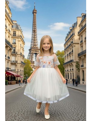 Riccotarz Kız Çocuk Etek Ucu Şerit ve Göğsü Gül Baskılı Yakası Şeffaf Gri Elbise