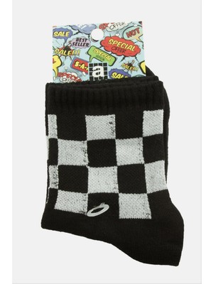 Zero Land Storozde Kare Desenli Kolej Çorap 8*28 - Siyah
