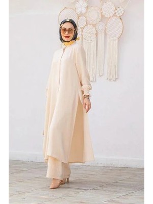 Tesettür Diyarı Keten Uzun Tunikli Pantolonlu Takım Bej